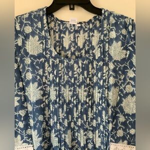 100% Cotton Handblocked Dress LARGE Made in India Blue & White